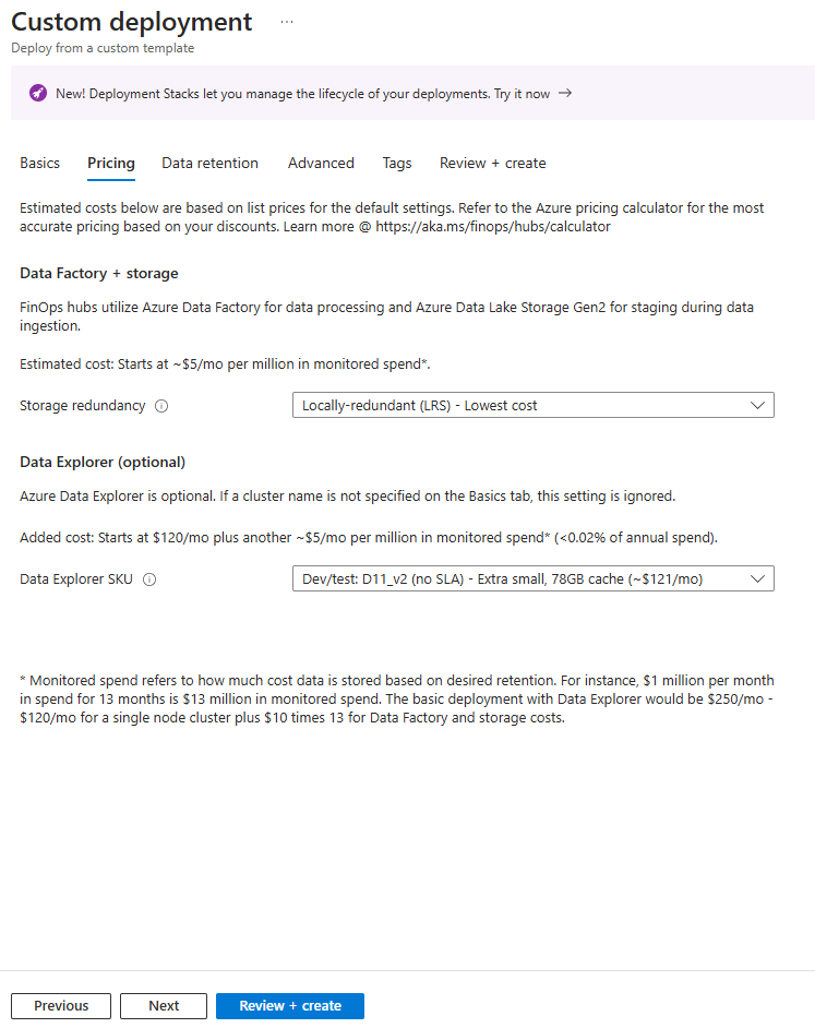 Screenshot of the FinOps hubs 0.7 deployment form Pricing tab where you can specify the storage and Data Explorer SKUs.