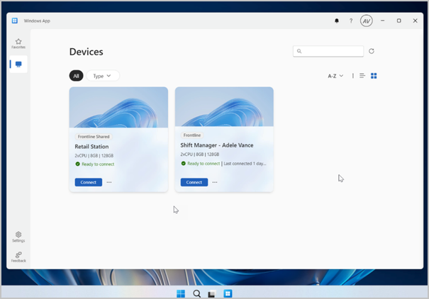 Screenshot of Windows App screen showing a shared and a dedicated Cloud PC.