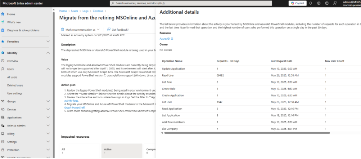 Figure 1 - Microsoft Entra Recommendation for AzureAD PowerShell use