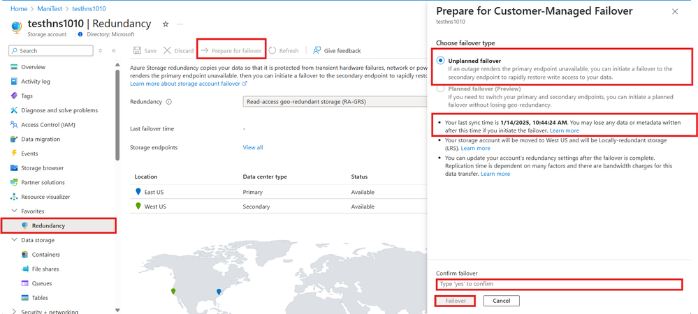 Screenshot of Azure Portal user experiencing, showing step by step instructions on how to initiate a customer-managed unplanned failover. First the user goes to the 