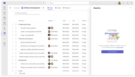 A screenshot of the Planner app in Teams displaying the Grid view and Baseline pane open to the right. The button reads, “Create baseline.”