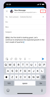 A minimize button highlighted in an email draft in Microsoft Outlook on mobile.