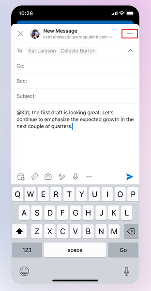 A minimize button highlighted in an email draft in Microsoft Outlook on mobile.