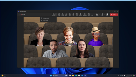 A screenshot of Together mode in Microsoft Teams where individual people icons are sitting in chairs in an auditorium setting.