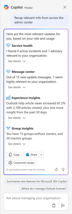 A screenshot of Copilot surfacing the most relevant tenant information to the admin. Copilot in the Microsoft 365 admin centers respects Role-based Access Controls and only surfaces information the admin has access to.