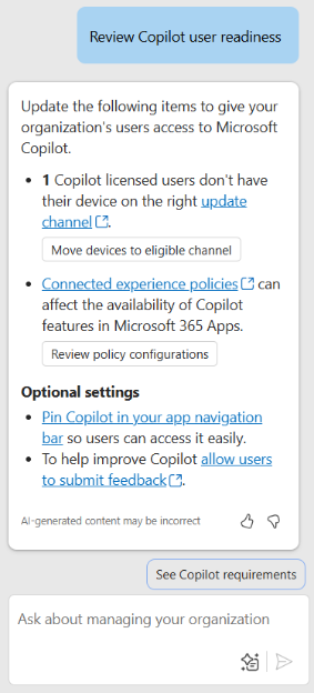 A screenshot of Copilot reviewing user settings and surfacing relevant information about Copilot readiness.