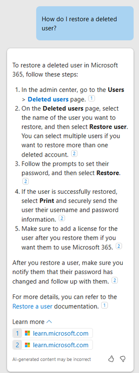 A screenshot of the response from Copilot with instructions on how to restore a deleted user.