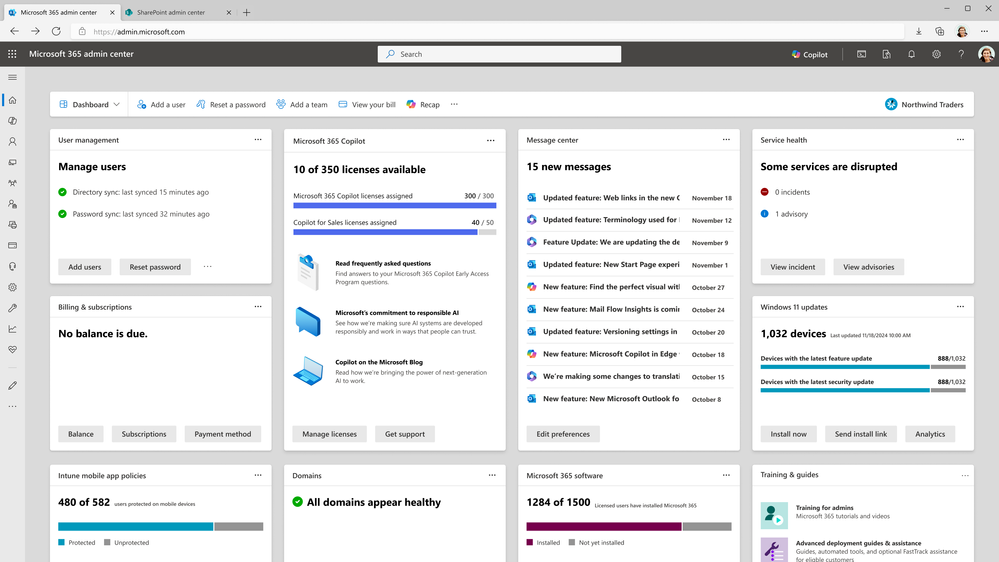 A screenshot of the Microsoft 365 admin center with the Copilot icon on the top right