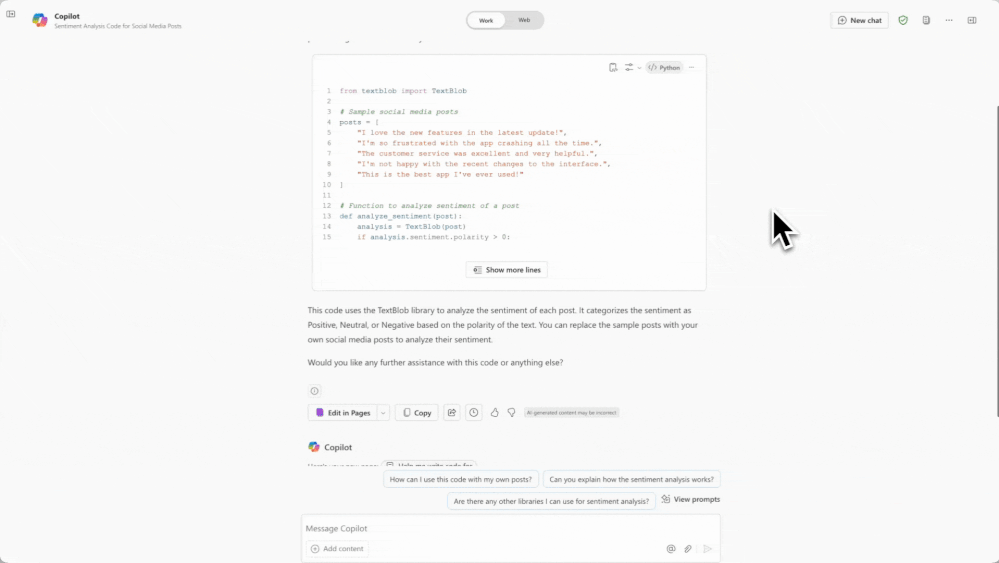 Copilot Chat creates code from enterprise data which is added to a Copilot Page.