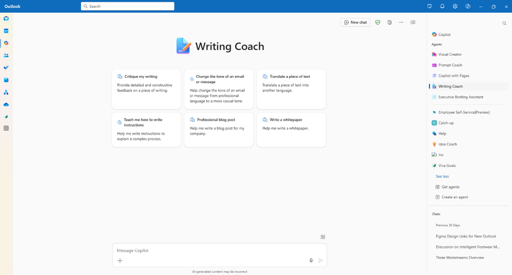 A screenshot of Copilot Chat in Outlook with the Writing Coach agent selected. A screenshot of Copilot Chat in Outlook with the Visual Creator agent selected.