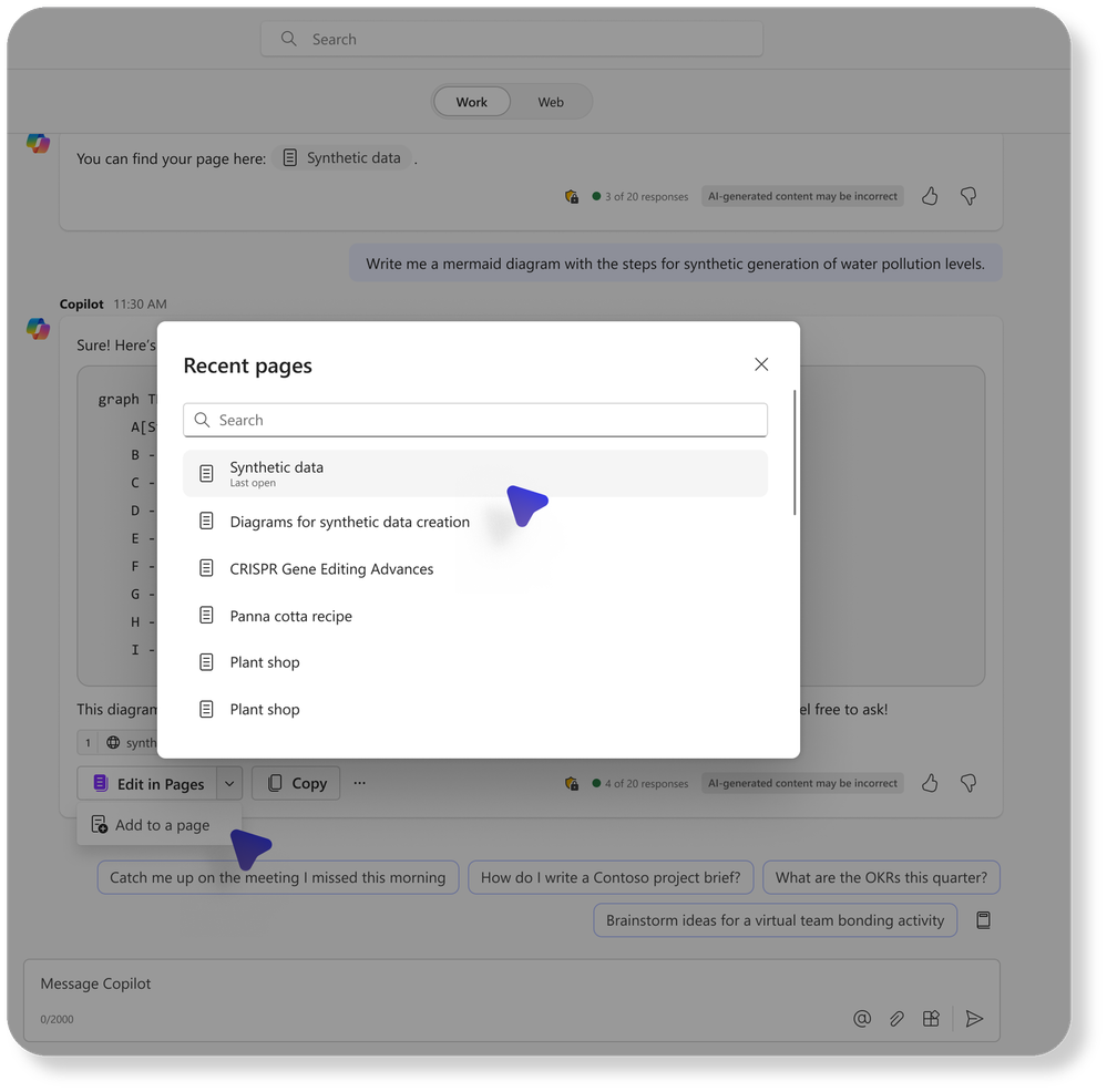 Selecting a recent Copilot Page from a drop-down menu.