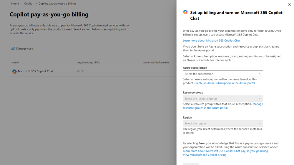 A computer screenshot of Microsoft 365 Admin Center with a Copilot window upon that says Set up billing and turn on.