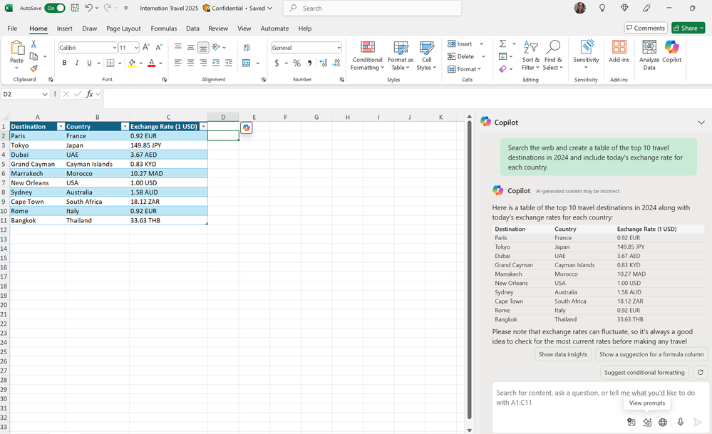 Copilot in Excel chat response showing data pulled from the web in a table format