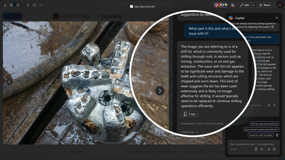 Photo of drill bit being summarized in detail with Copilot