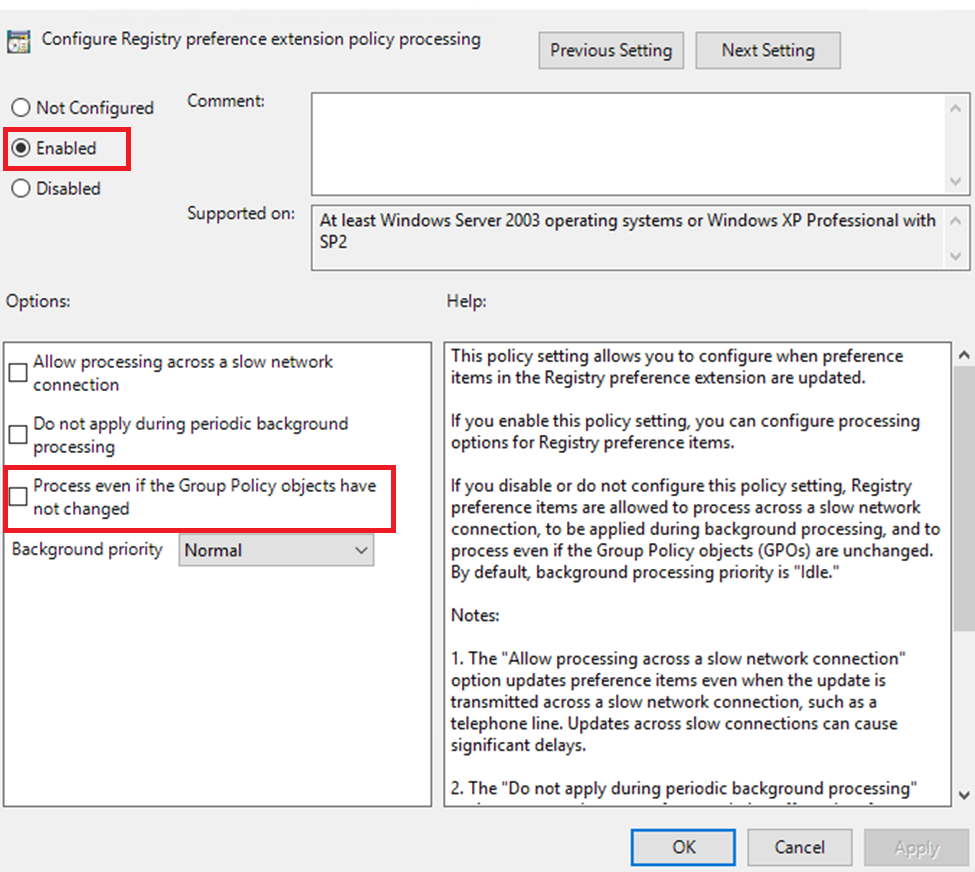 Configure Registry preference extension policy processing is Enabled and has Process even if the Group Policy objects have not changed unchecked.