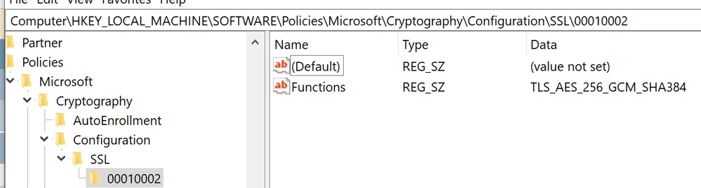 C:\WINDOWS\system32>reg query HKLM\SOFTWARE\Policies\Microsoft\Cryptography\Configuration\SSL\00010002      Functions    REG_SZ    TLS_AES_256_GCM_SHA384