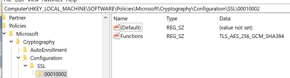 C:\WINDOWS\system32>reg query HKLM\SOFTWARE\Policies\Microsoft\Cryptography\Configuration\SSL\00010002  &nbsp;&nbsp;&nbsp; Functions&nbsp;&nbsp;&nbsp; REG_SZ&nbsp;&nbsp;&nbsp; TLS_AES_256_GCM_SHA384