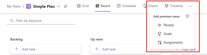 A cropped screenshot of a basic plan highlighting the Timeline drop-down where users can select one of three premium views to upgrade their basic plan: People, Goals, or Assignments.
