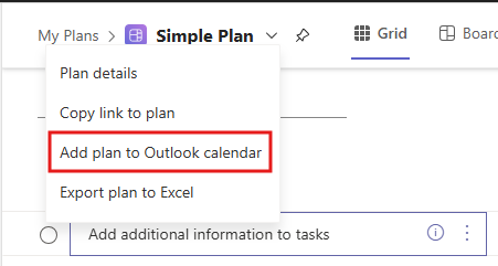 A cropped screenshot of the My Plans drop-down highlighting where users can select the option to “Add plan to Outlook calendar.”