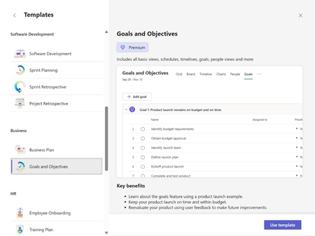 A cropped screenshot of the Templates window where users can select from one of more than a dozen templates to create a new plan.