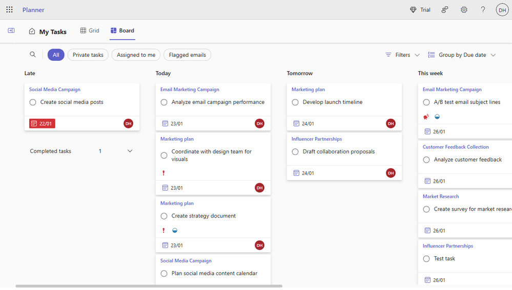 A screenshot of Board view in My Tasks. Tasks are grouped into 'Late', 'Today', 'Tomorrow', and 'This week' columns based on their due date.