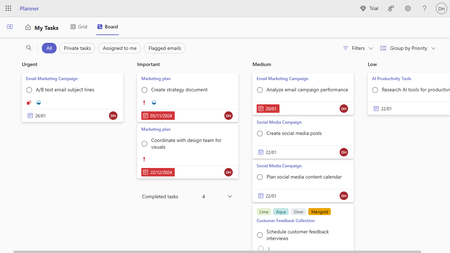 A screenshot displaying the Board view in Planner. The board contains several task cards grouped by the following: Urgent, Important, Medium, and Low.