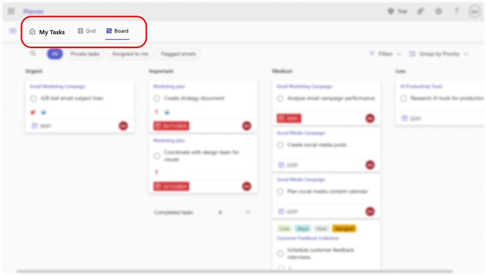 A blurred screenshot of Board view in Planner highlights the Grid view and Board view options in the header.
