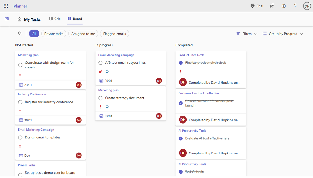 A screenshot of Board view in My Tasks. Tasks are grouped into 'Not started', 'In progress', and 'Completed' columns based on their status.