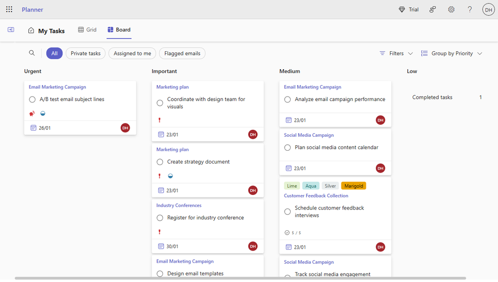 A screenshot of Board view in My Tasks. Tasks are grouped into 'Urgent', 'Important', 'Medium' and 'Low' priority columns.