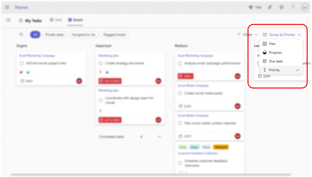 A blurred screenshot of My Tasks in Planner. The 'Group by' menu is open, showing that the board view can be grouped by Plan, Progress, Due Date, and Priority.