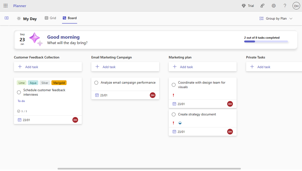 A screenshot of Board view in My Day. Tasks are grouped into a column for each plan. Task cards show labels, checklist items, due dates, and priority.