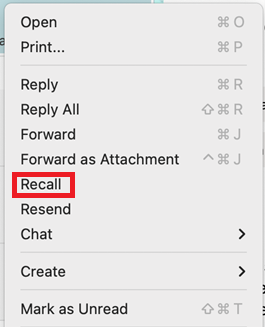 A screenshot of the Recall button in Outlook for Mac in the context menu.