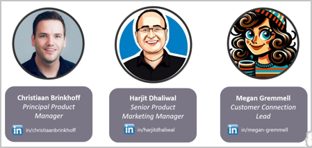 Photo (1) and avatars (2) of the three Microsoft employees mentioned to contact for the MVP Program
