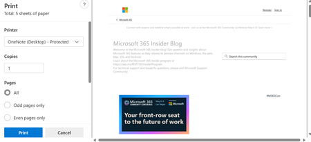 A screenshot of someone saving the Microsoft 365 Insider Blog page to OneNote in the print screen.