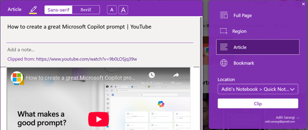 A screenshot of Web Clipper clipping a video about Microsoft Copilot prompts.