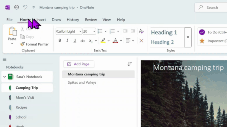 A moving image of someone looking at Page Versions of a OneNote notebook about a Montana camping trip.