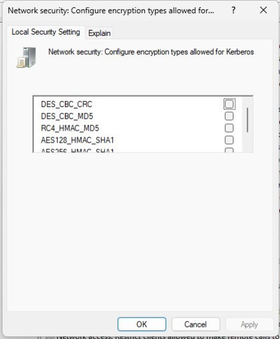 DES encryption type is not selected for “Network security: Configure encryption types allowed for Kerberos,”