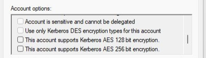 Option for "Use only Kerberos DES encryption types for this account" is unchecked in the Active Directory Users and Computers policy.