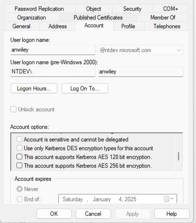 DES option is not selected in Active Directory Users and Computers