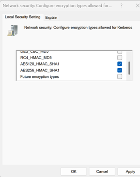 AES encryption type is selected for “Network security: Configure encryption types allowed for Kerberos,”