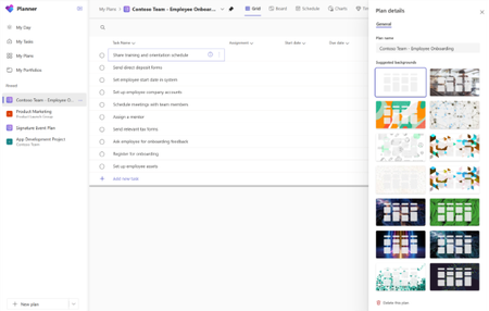 A screenshot of Planner shows the Grid view of a plan. The Plan details pane is open to the right with different background options.