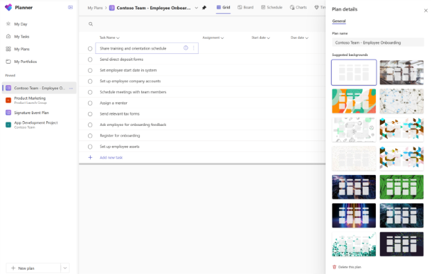 A screenshot of Planner shows the Grid view of a plan. The Plan details pane is open to the right with different background options.
