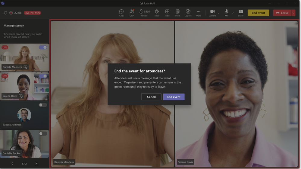 A screenshot of the end of an event, showing a popup asking if the user would like to end the event for all attendees, and display a message that the event has ended.