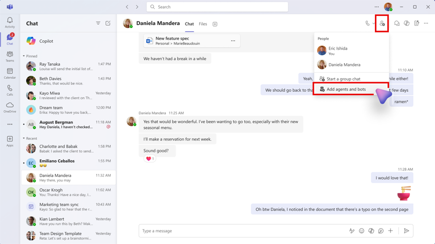 A dropdown menu in the Teams Chat window, highlighting the option to add agents and bots to thew chat.