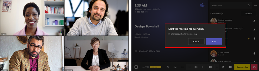 Two pictures, the one on the left shows people waiting for a Teams event to begin, the on the right shows a screenshot of the event details window, with information noting that the presenter is a Teams Room. Over the middle of the screen there is a dialog box prompting the presenter to start the meeting.