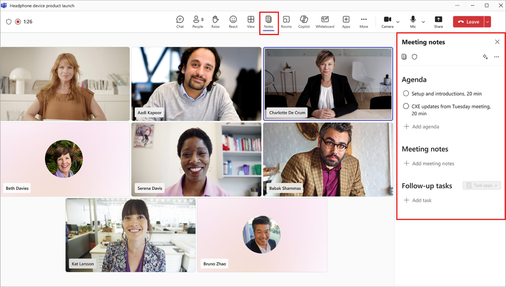 Screenshot of people in a Teams meeting, with highlighting to show the meeting notes icon and options.