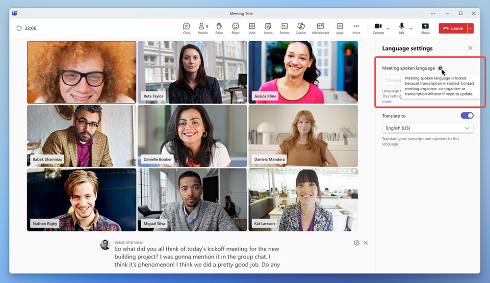 A screenshot of a Teams meeting in progress with several people in attendance. On the right of the screen, the Language settings tab is open, and the Meeting spoken language option is highlighted, showing that the language is locked because transcription has started, and noting to contact the meeting organizers if updates are needed.