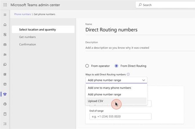 The Microsoft Teams Phone admin center, showing the Direct Routing screen, where users can upload a CSV list of phone numbers to manage them.