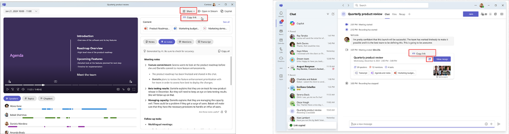 Two screenshots, the one on the left showing the Teams Meeting recap screen, highlighting the way to share a link to the meeting recap, and the one on the right showing the meeting recap link being shared in chat.