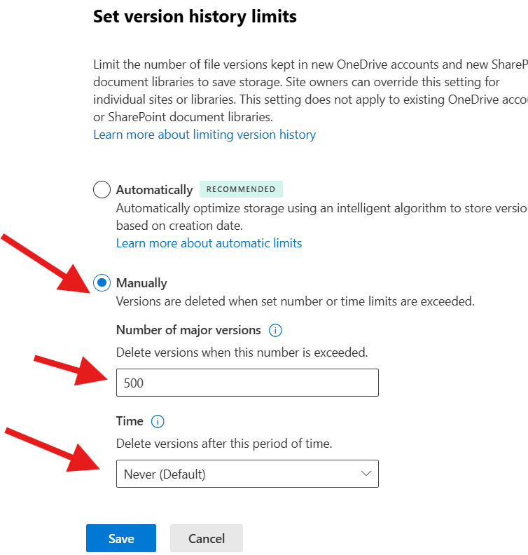 Change the SharePoint Online version limit on the Organization level ...